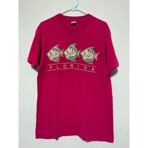 Fruit of the Loom Size M Pink Cotton Graphic Florida Fish Shirt 1981 Paradise